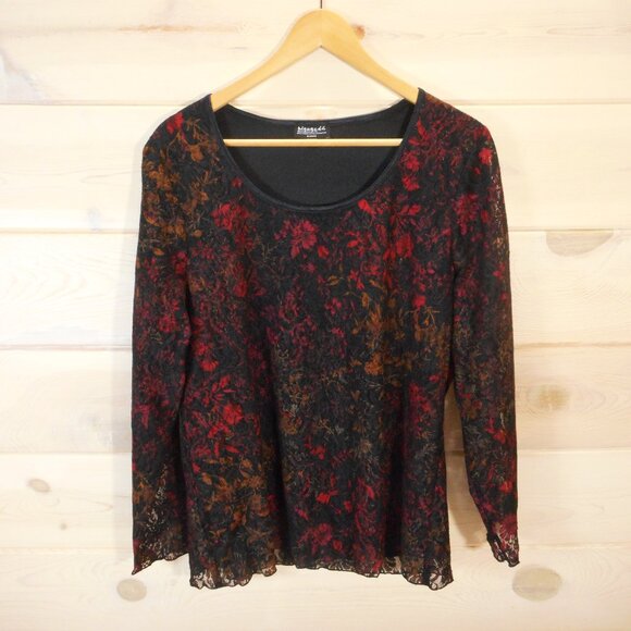 Biyaycda Women sz 1X Blouse Black Red Lace Sheer Long Sleeve Autumn Fall Colors - Picture 1 of 10
